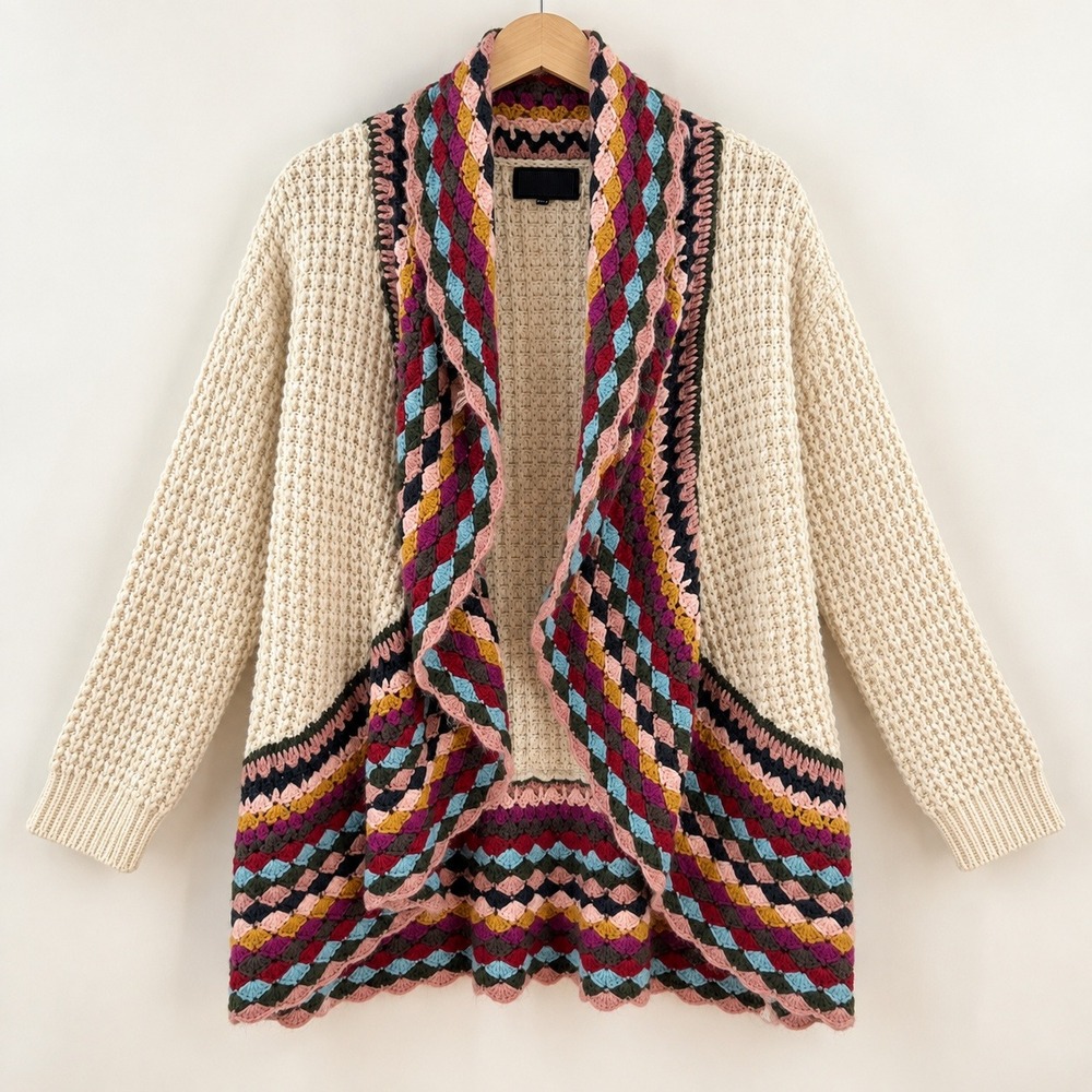 Boho Crochet Trim Waffle Knit Cardigan Womens M/L Cottagecore Grannycore Cream